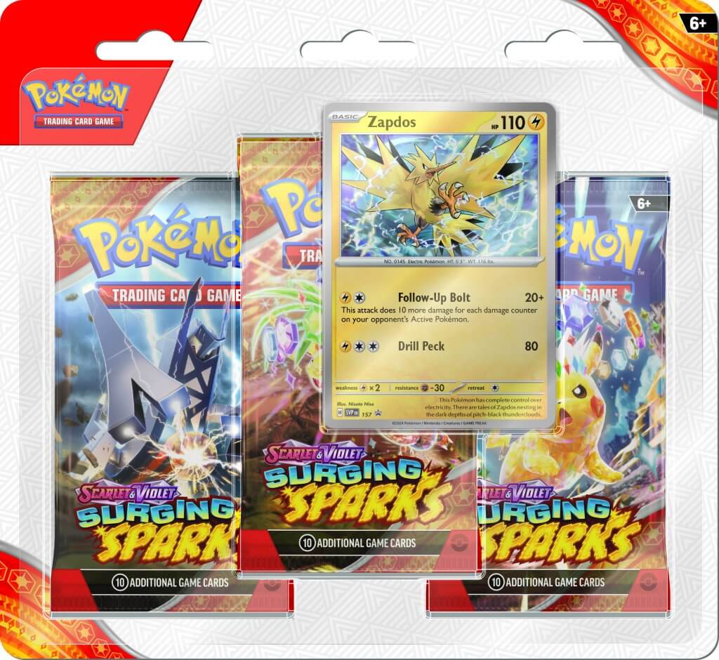 POKÉMON TCG Scarlet & Violet 8 Surging Sparks Three Booster Blister Pr –  NewBee Toys
